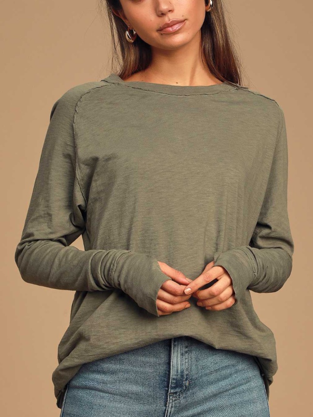 We the Free - Arden Tee Oversized Thumbhole Long Sleeve Olive Green Shirt Large
